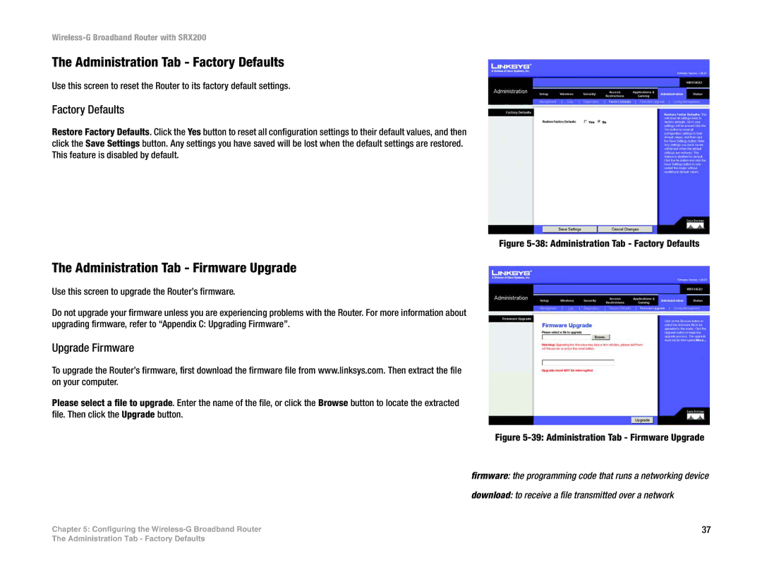 Linksys WRT54GX2 manual Administration Tab Factory Defaults, Administration Tab Firmware Upgrade, Upgrade Firmware 