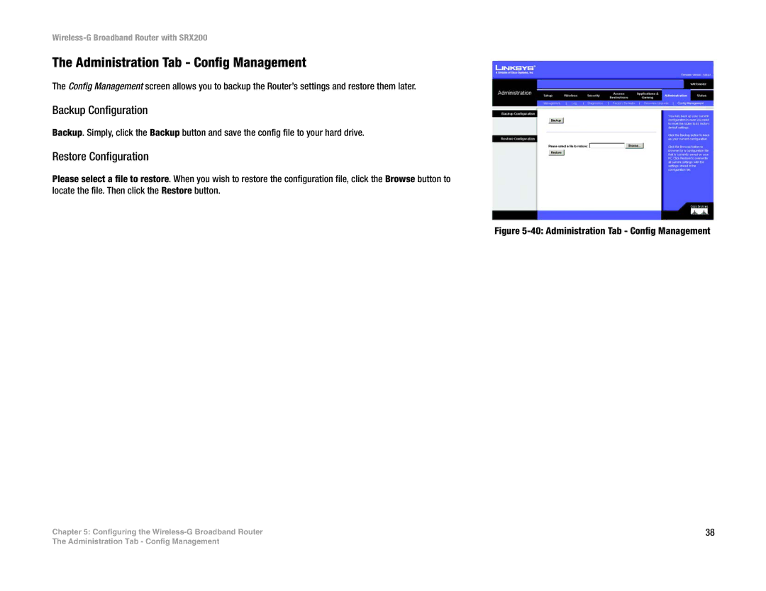 Linksys WRT54GX2 manual Administration Tab Config Management, Backup Configuration, Restore Configuration 