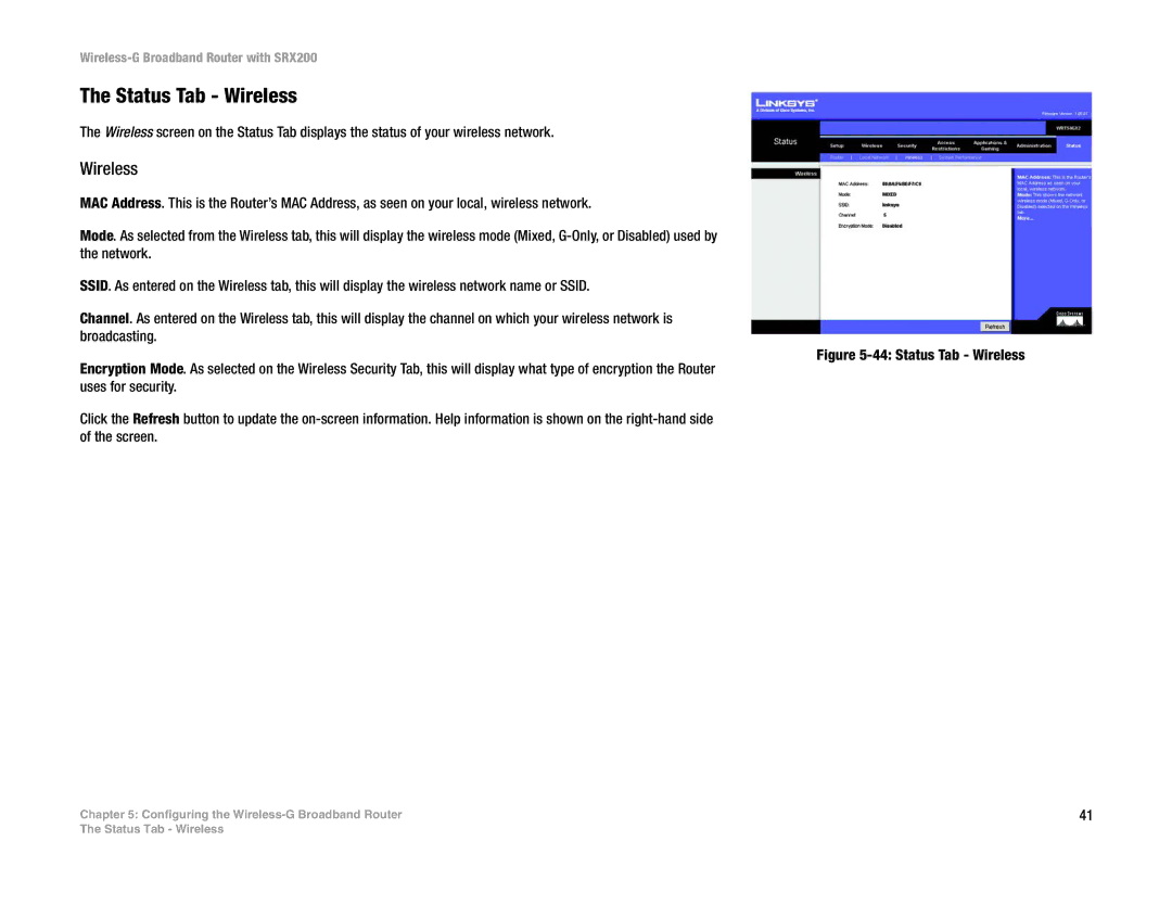 Linksys WRT54GX2 manual Status Tab Wireless 