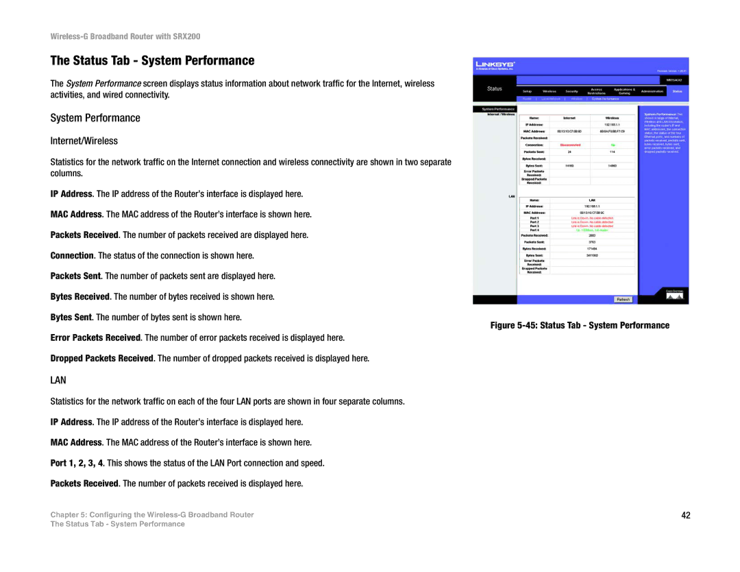 Linksys WRT54GX2 manual Status Tab System Performance, Internet/Wireless 