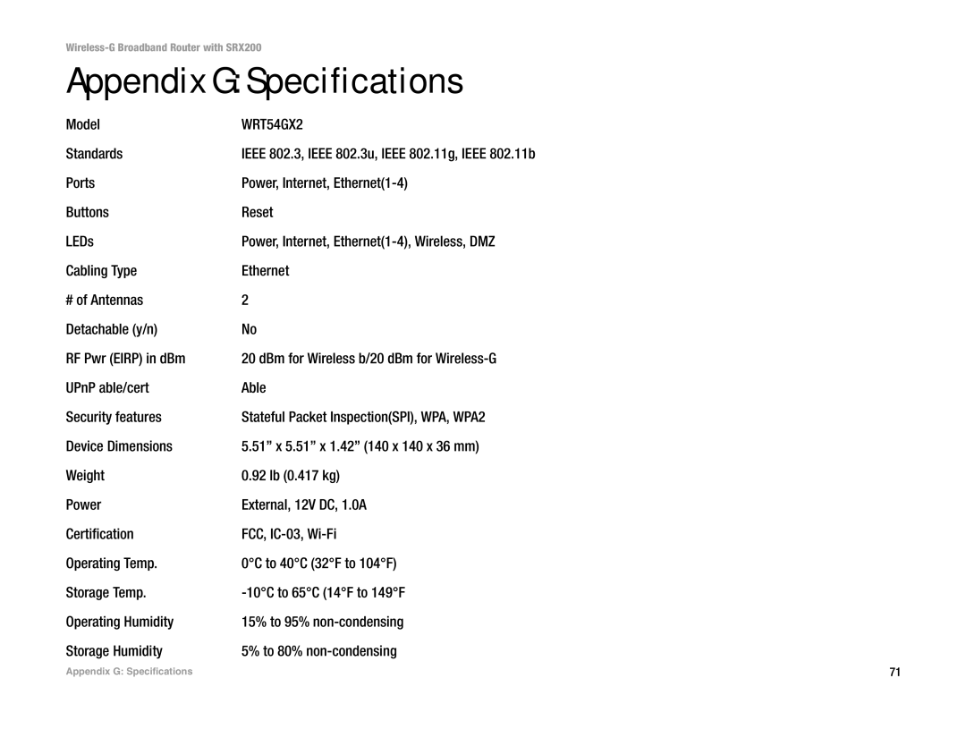 Linksys WRT54GX2 manual Appendix G Specifications, Model, Standards 