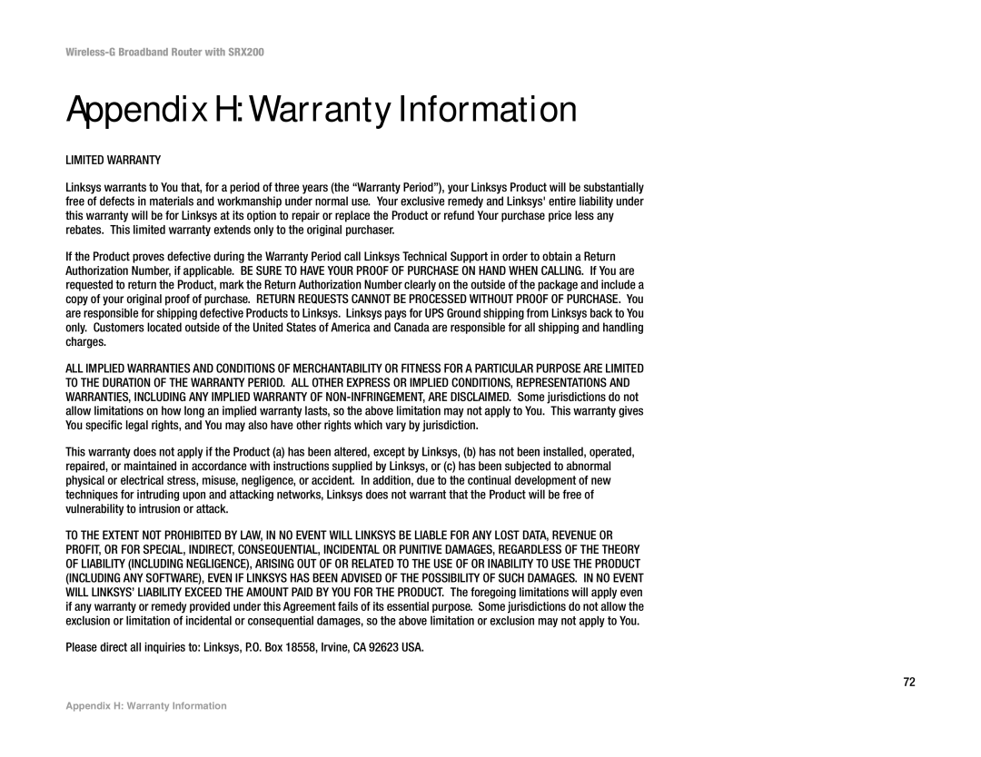 Linksys WRT54GX2 manual Appendix H Warranty Information, Limited Warranty 