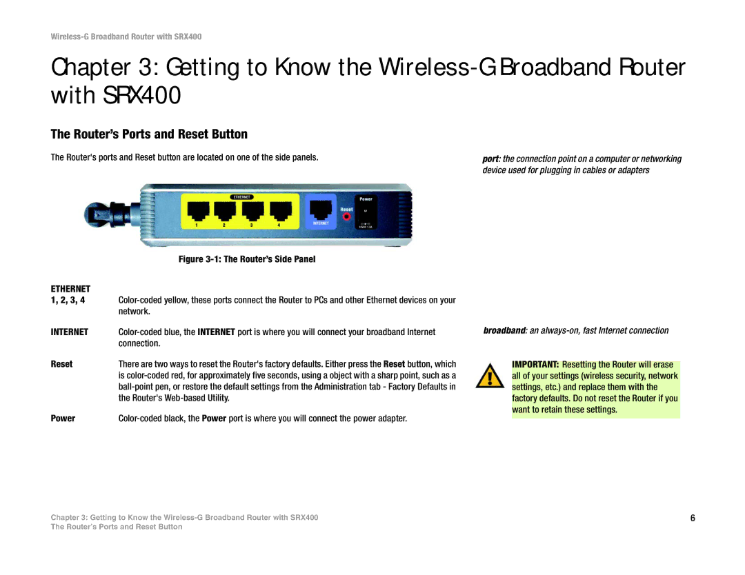 Linksys WRT54GX4 manual Getting to Know the Wireless-G Broadband Router with SRX400, Router’s Ports and Reset Button 