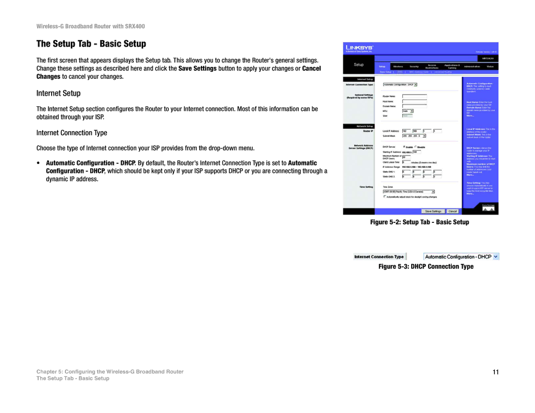 Linksys WRT54GX4 manual Setup Tab Basic Setup, Internet Setup, Internet Connection Type 