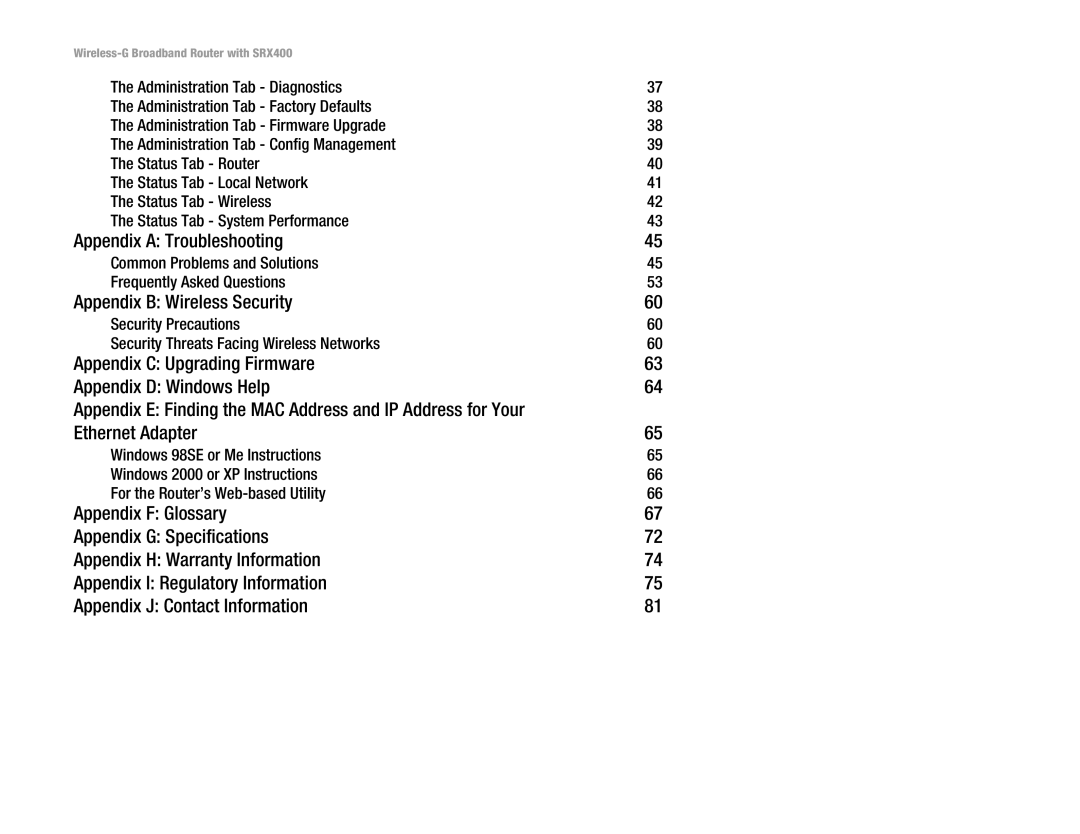 Linksys WRT54GX4 manual Appendix a Troubleshooting, Appendix B Wireless Security, Ethernet Adapter 