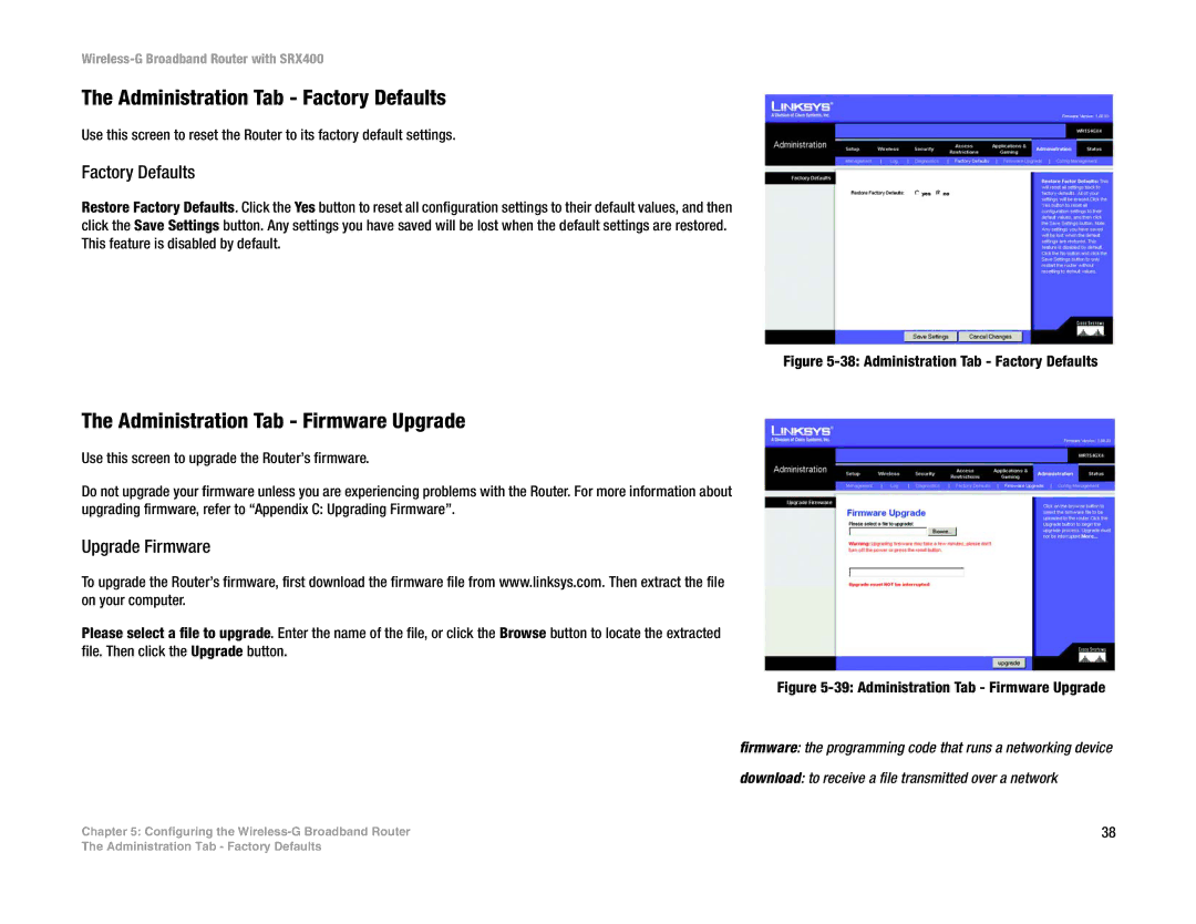 Linksys WRT54GX4 manual Administration Tab Factory Defaults, Administration Tab Firmware Upgrade, Upgrade Firmware 