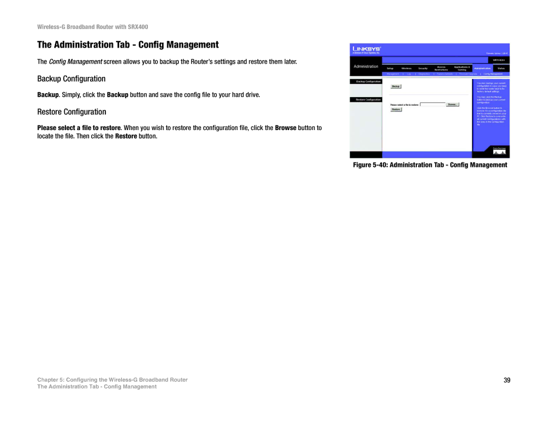 Linksys WRT54GX4 manual Administration Tab Config Management, Backup Configuration, Restore Configuration 