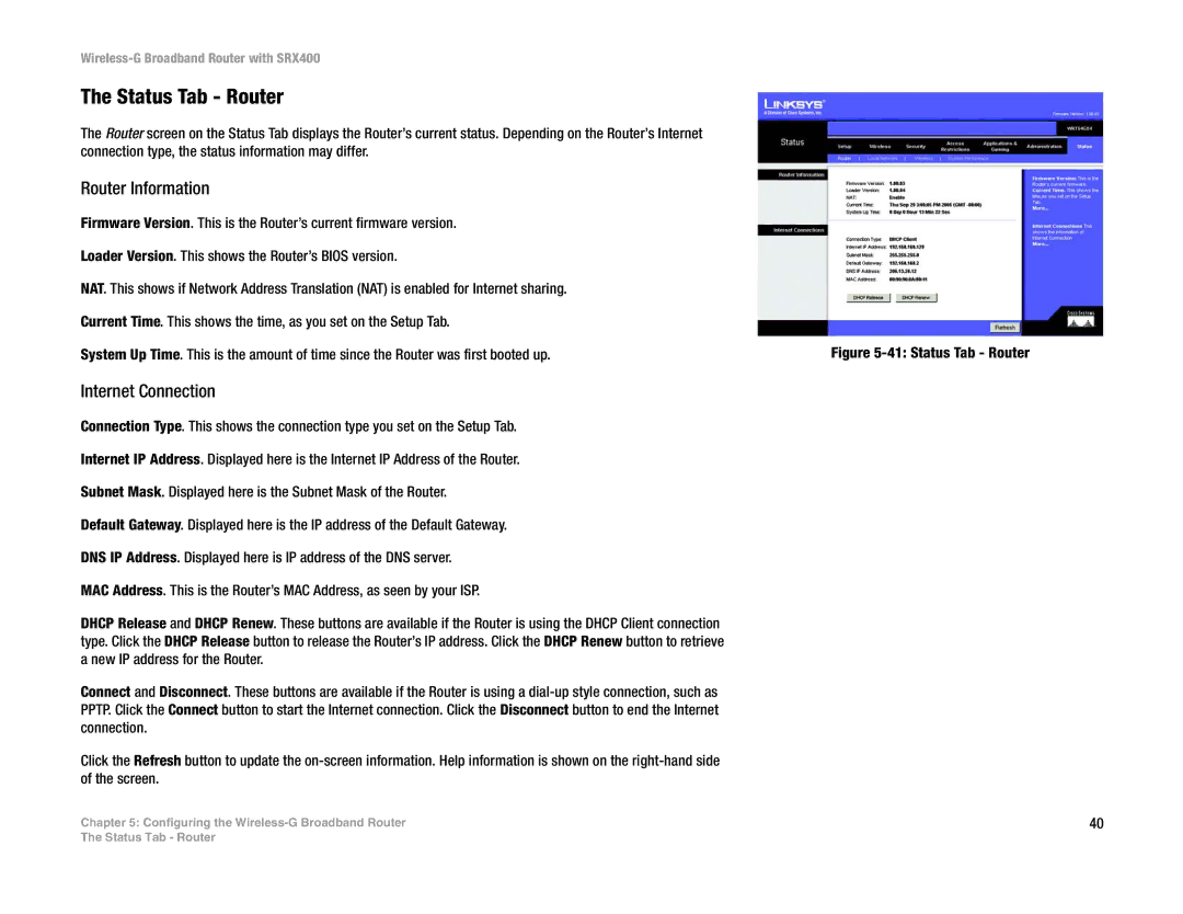 Linksys WRT54GX4 manual Status Tab Router, Router Information, Internet Connection 