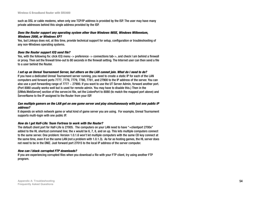 Linksys WRT54GX4 manual Does the Router support ICQ send file?, How can I block corrupted FTP downloads? 