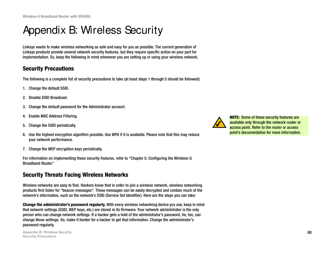 Linksys WRT54GX4 manual Appendix B Wireless Security, Security Precautions, Security Threats Facing Wireless Networks 