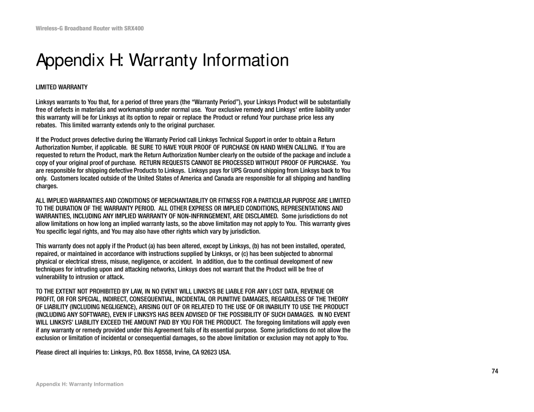 Linksys WRT54GX4 manual Appendix H Warranty Information, Limited Warranty 