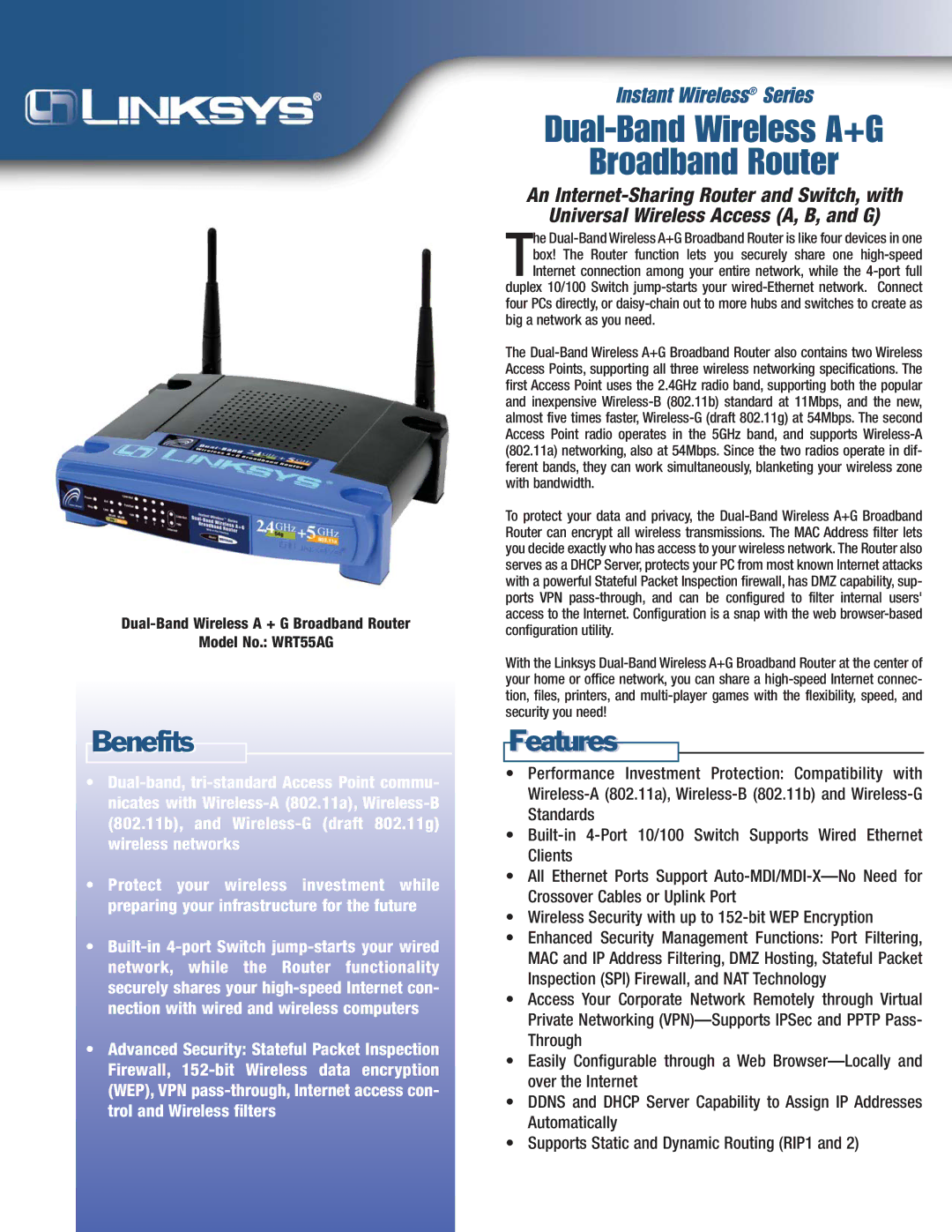 Linksys specifications Benefits, Features, Dual-Band Wireless a + G Broadband Router Model No. WRT55AG 