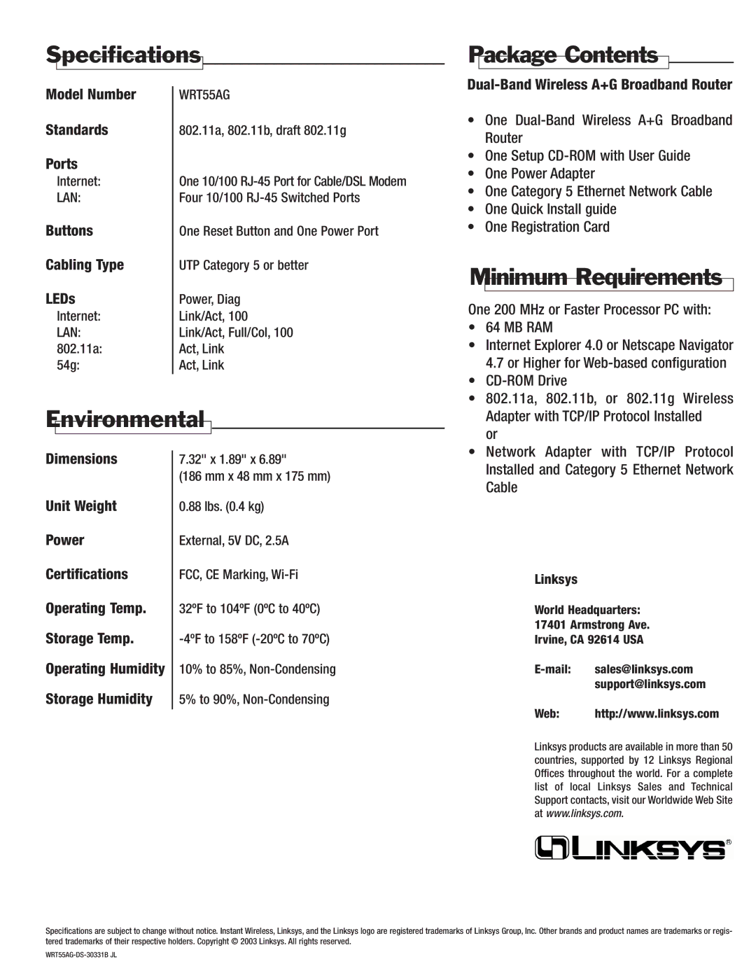 Linksys WRT55AG specifications Specifications Package Contents, Minimum Requirements, Environmental 