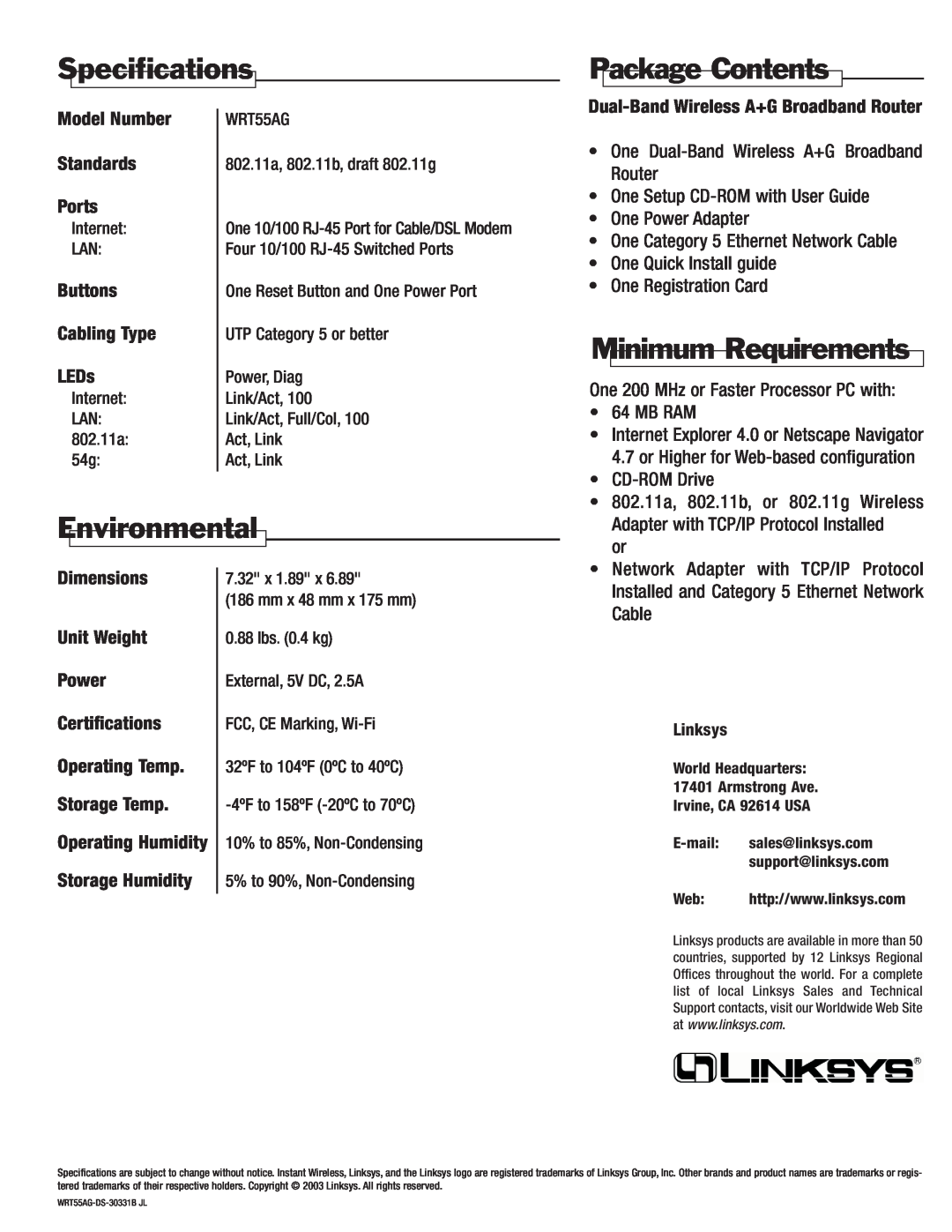 Linksys WRT55AG specifications Specifications, Package Contents, Minimum Requirements, Environmental 