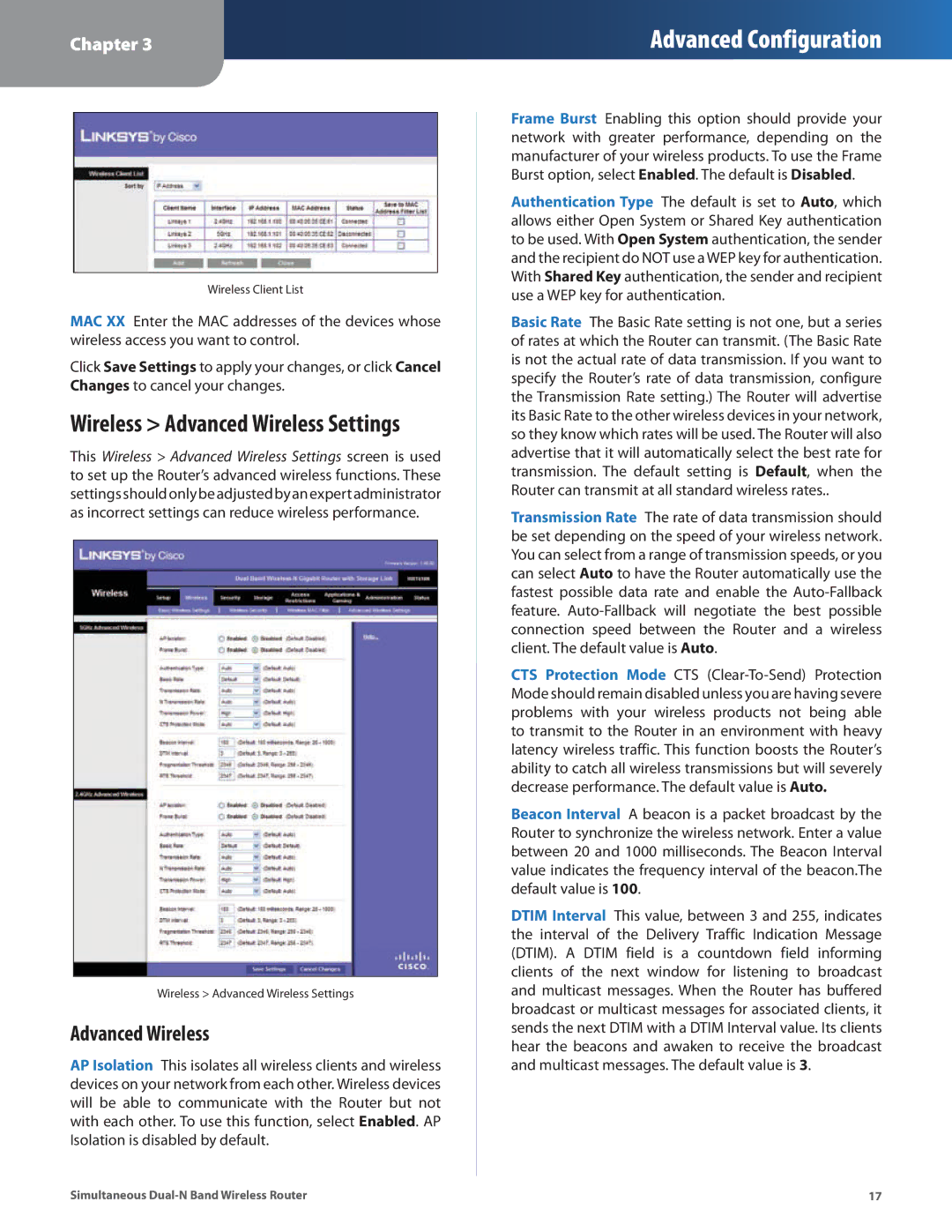 Linksys WRT610N manual Wireless Advanced Wireless Settings 