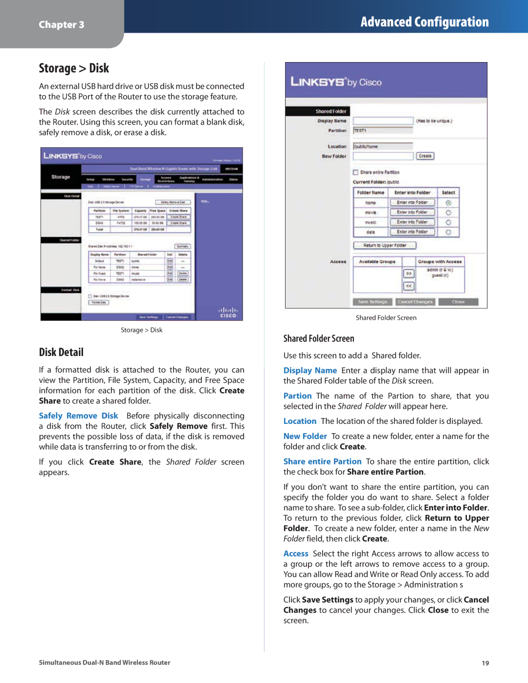 Linksys WRT610N manual Storage Disk, Disk Detail, Shared Folder Screen 