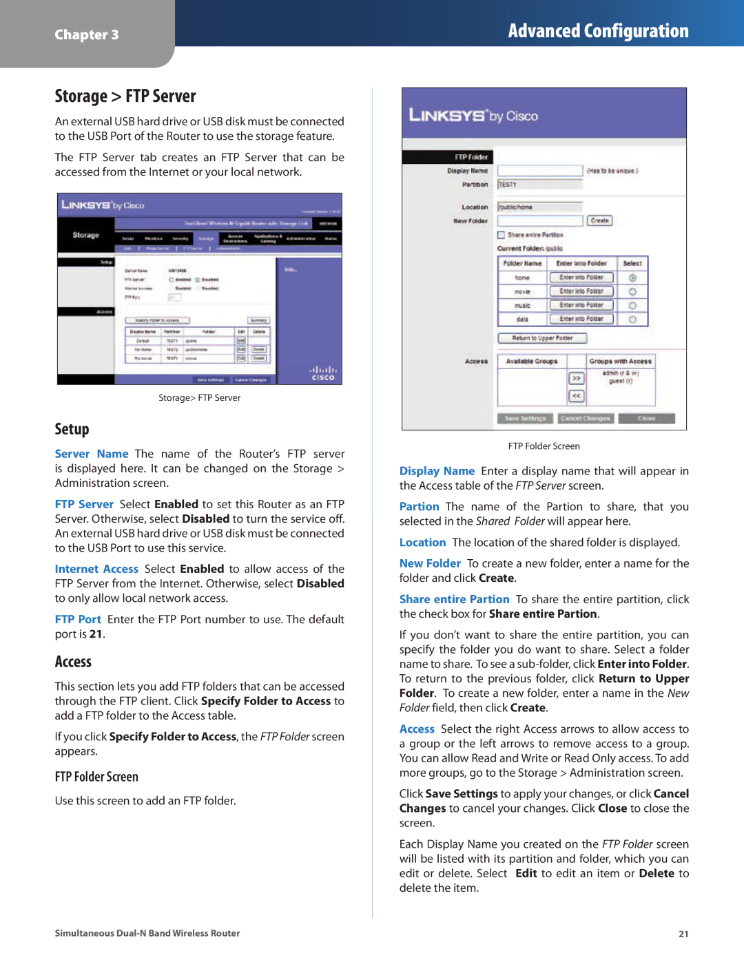 Linksys WRT610N manual Storage FTP Server, Access, FTP Folder Screen 