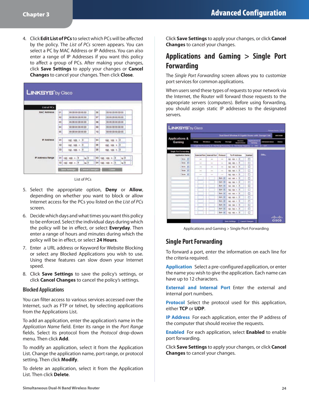 Linksys WRT610N manual Applications and Gaming Single Port Forwarding, Blocked Applications 