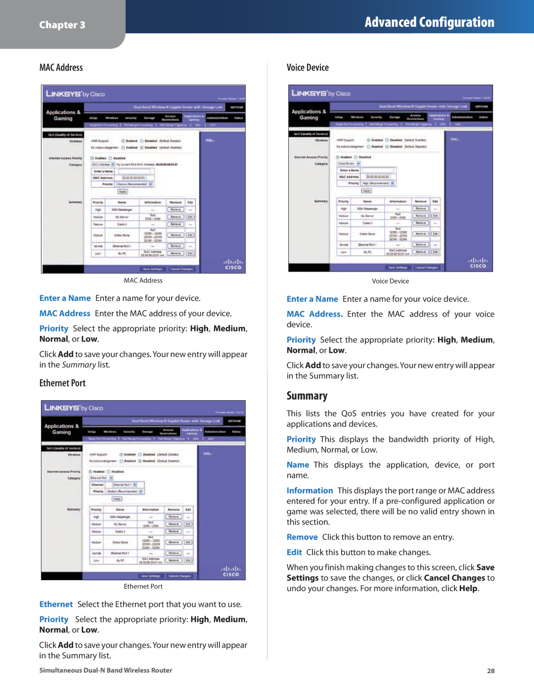 Linksys WRT610N manual Summary, MAC Address, Ethernet Port, Voice Device 