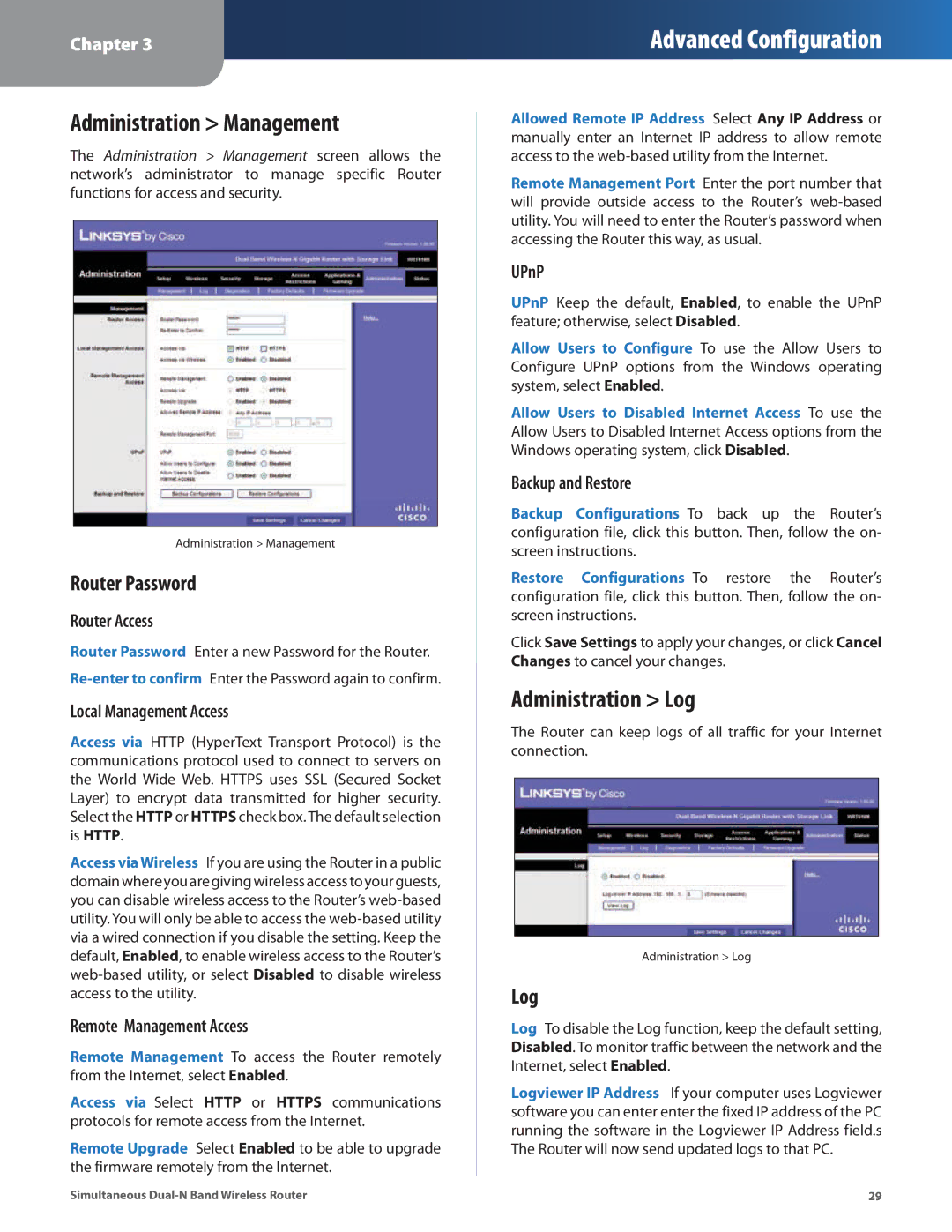 Linksys WRT610N manual Administration Management, Administration Log, Router Password 