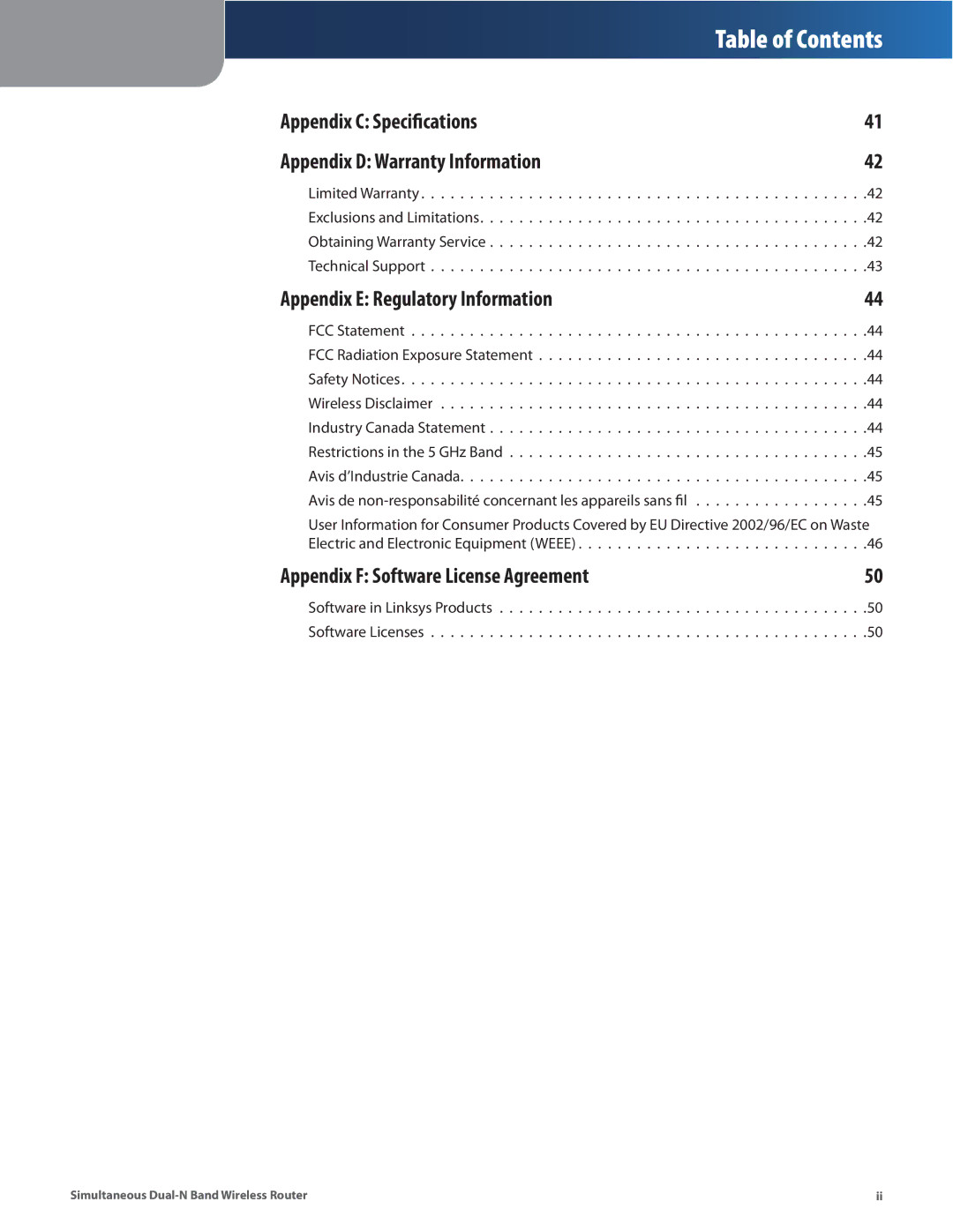 Linksys WRT610N manual Appendix C Specifications Appendix D Warranty Information, Appendix E Regulatory Information 