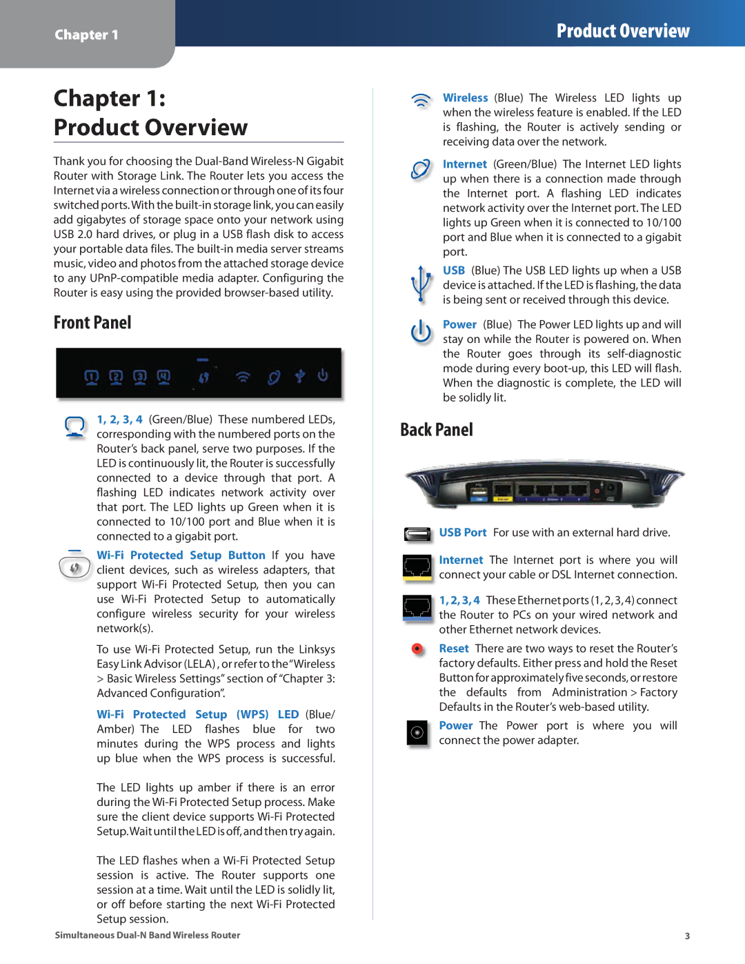 Linksys WRT610N manual Front Panel, Back Panel 