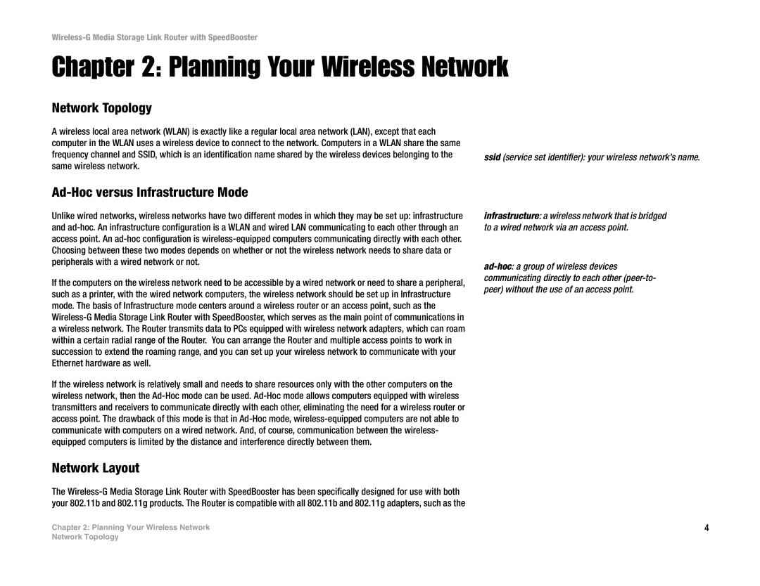 Linksys WRTSL54GS Planning Your Wireless Network, Network Topology, Ad-Hoc versus Infrastructure Mode, Network Layout 