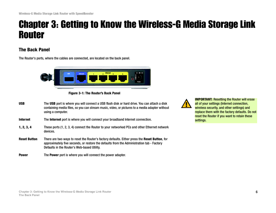 Linksys WRTSL54GS manual Getting to Know the Wireless-G Media Storage Link Router, Back Panel 