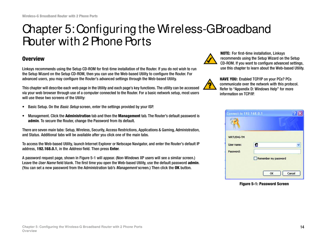 Linksys WRTU54G-TM manual Password Screen 