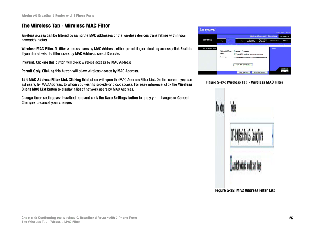 Linksys WRTU54G-TM manual Wireless Tab Wireless MAC Filter 