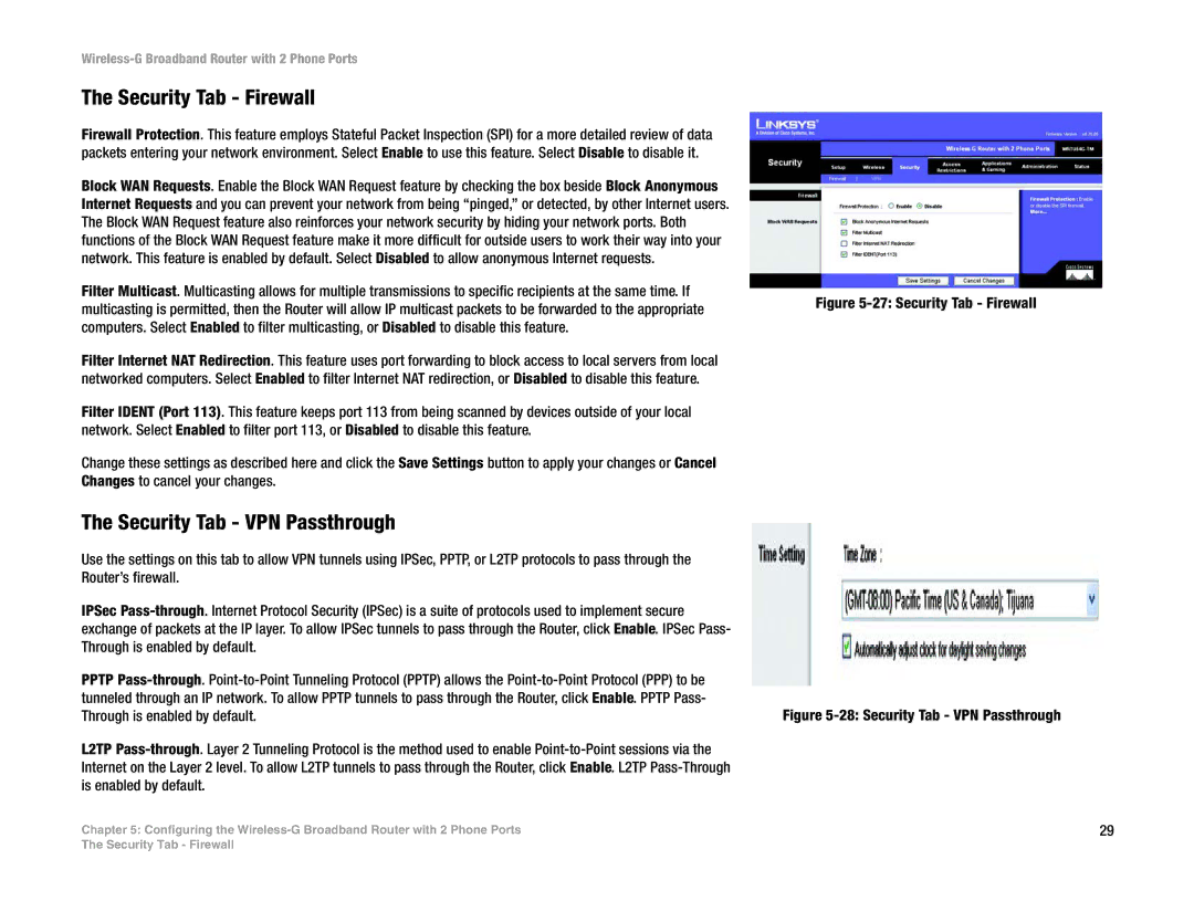 Linksys WRTU54G-TM manual Security Tab Firewall, Security Tab VPN Passthrough 