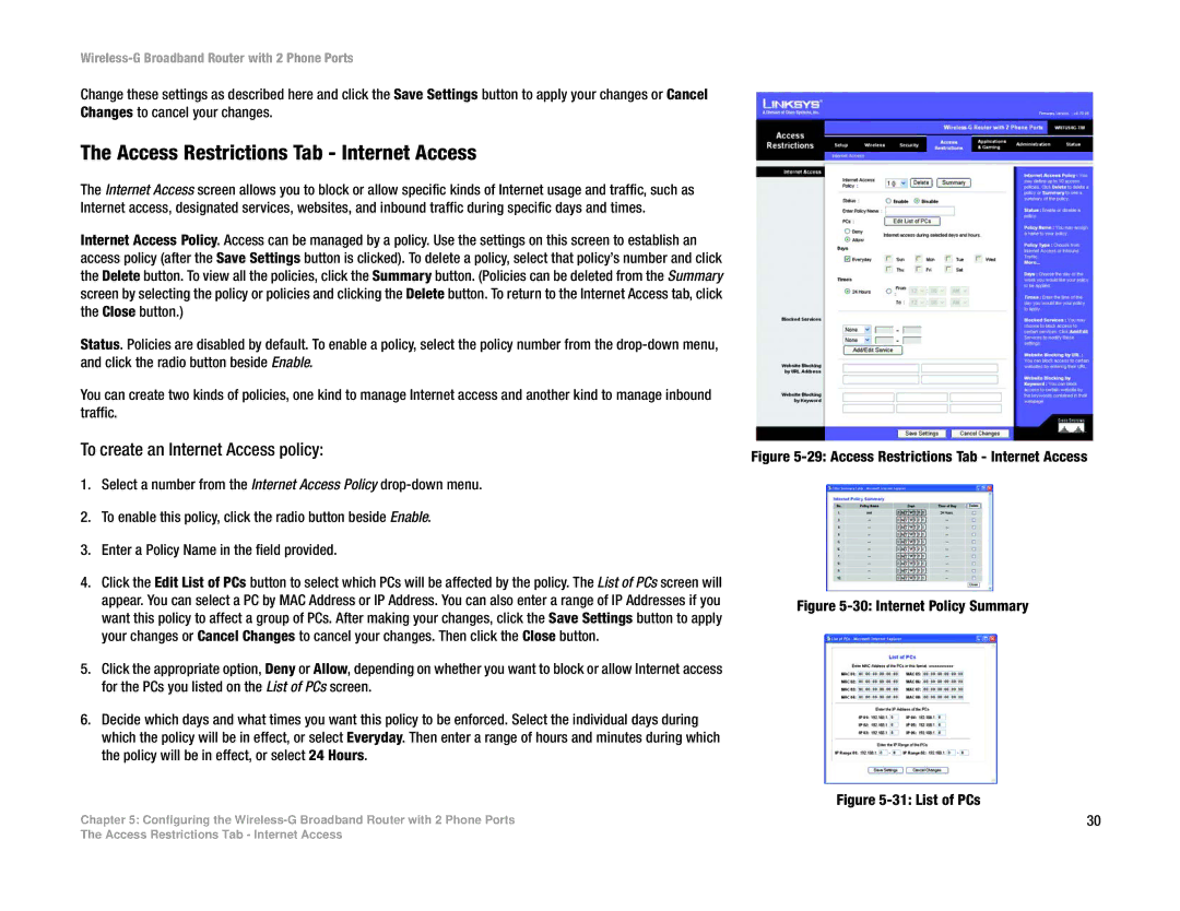 Linksys WRTU54G-TM manual Access Restrictions Tab Internet Access, To create an Internet Access policy 