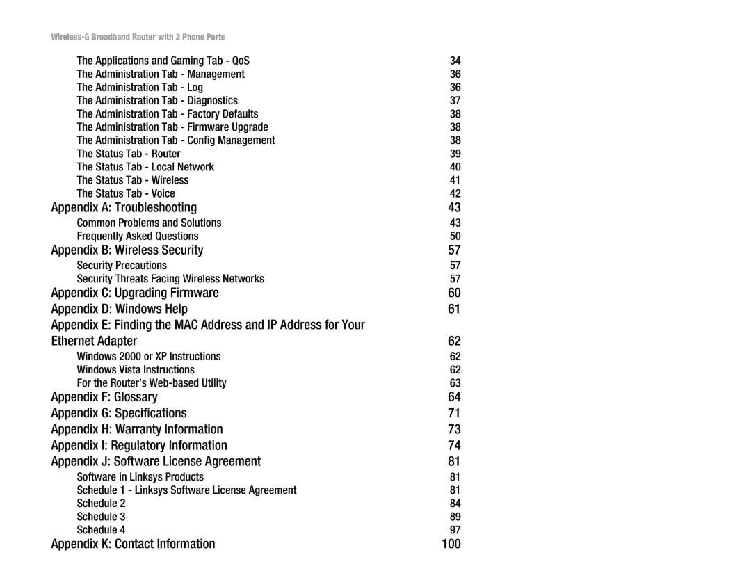 Linksys WRTU54G-TM manual Appendix a Troubleshooting, Appendix B Wireless Security, Ethernet Adapter 