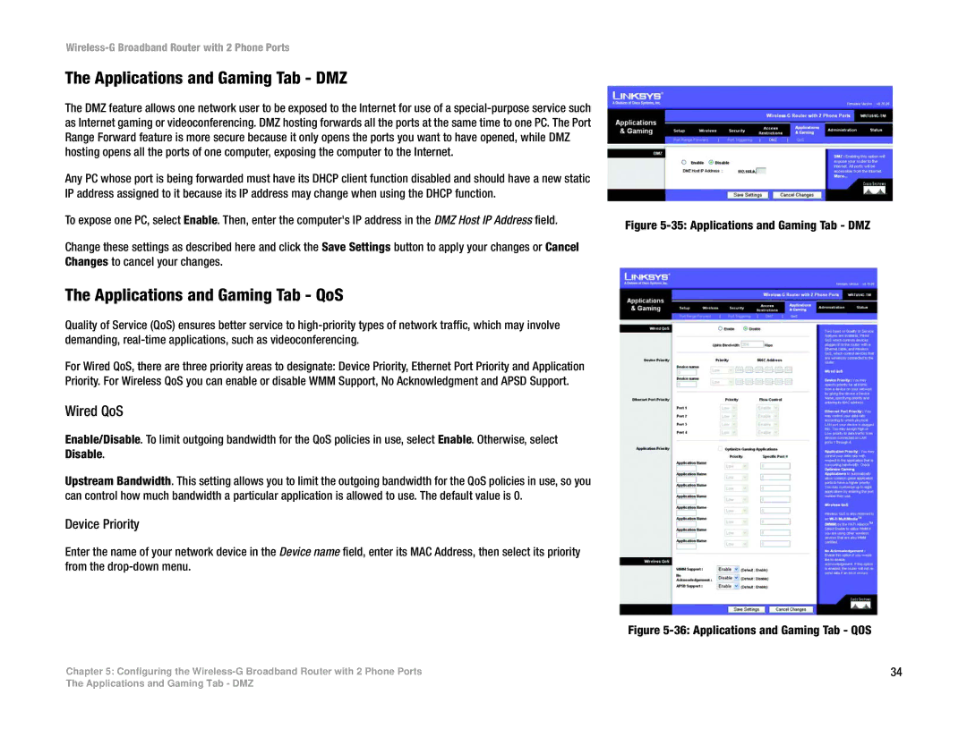 Linksys WRTU54G-TM manual Applications and Gaming Tab DMZ, Applications and Gaming Tab QoS, Wired QoS 