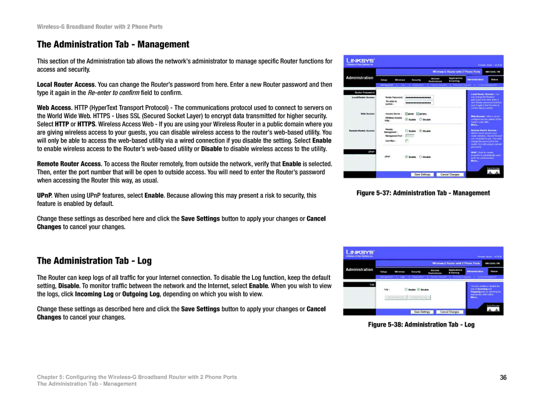 Linksys WRTU54G-TM manual Administration Tab Management, Administration Tab Log 