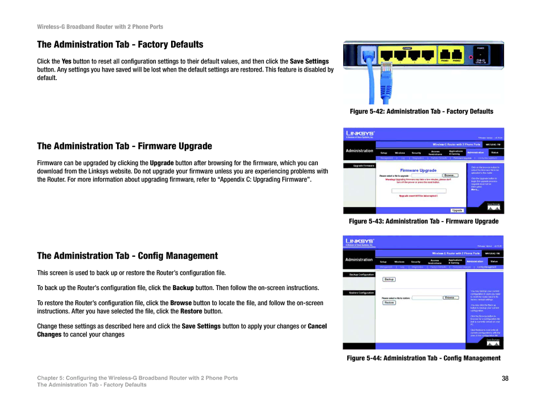 Linksys WRTU54G-TM manual Administration Tab Factory Defaults, Administration Tab Firmware Upgrade 