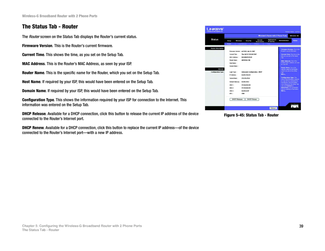 Linksys WRTU54G-TM manual Status Tab Router 