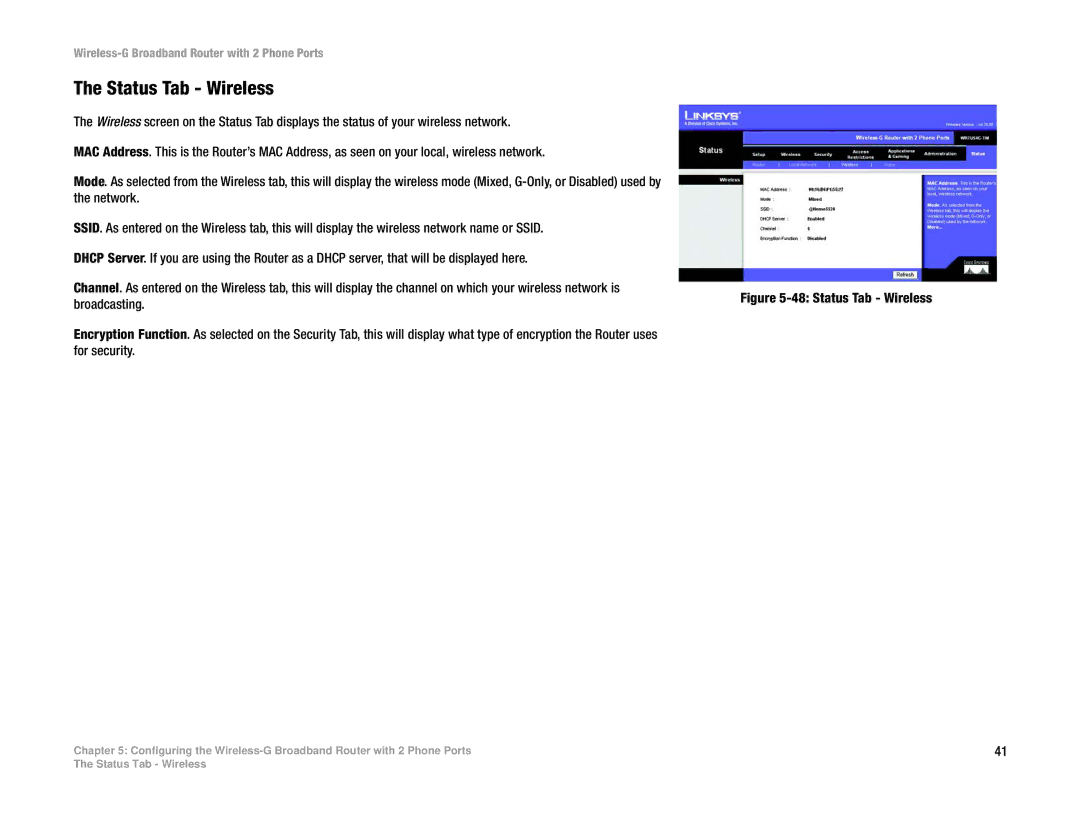 Linksys WRTU54G-TM manual Status Tab Wireless 