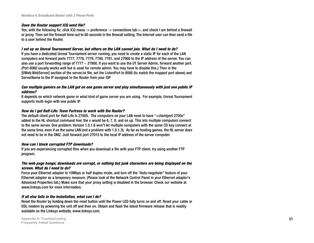 Linksys WRTU54G-TM manual Does the Router support ICQ send file?, How can I block corrupted FTP downloads? 