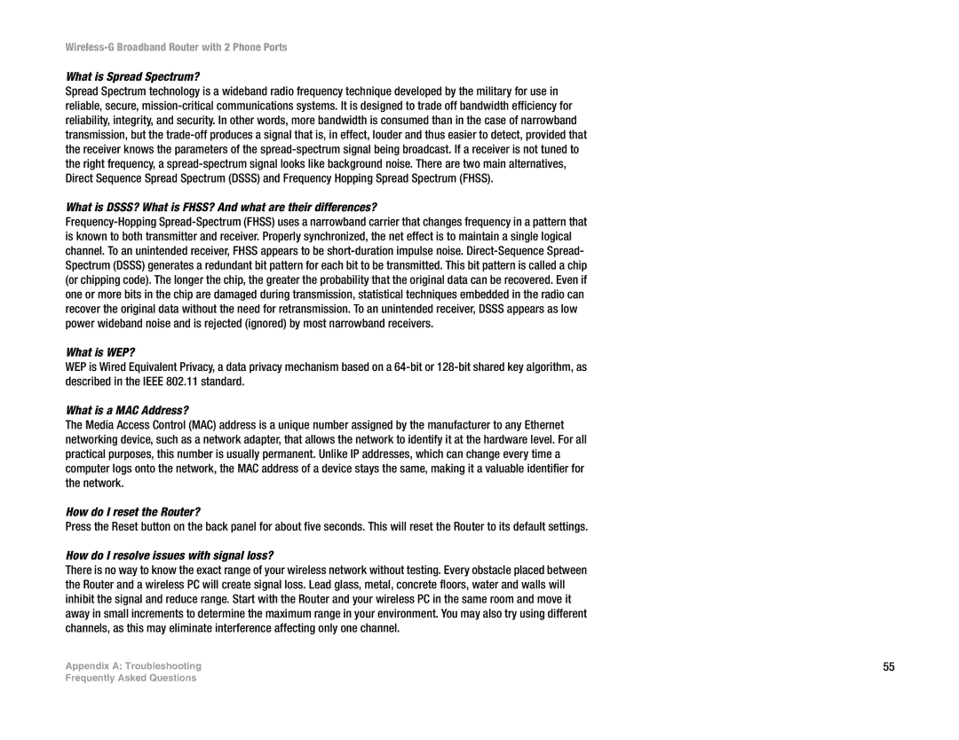 Linksys WRTU54G-TM What is Spread Spectrum?, What is DSSS? What is FHSS? And what are their differences?, What is WEP? 