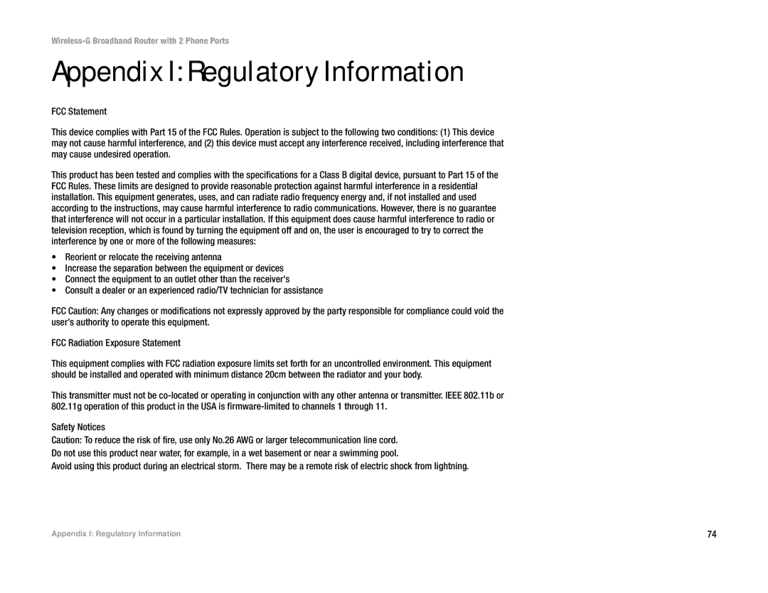 Linksys WRTU54G-TM manual Appendix I Regulatory Information 