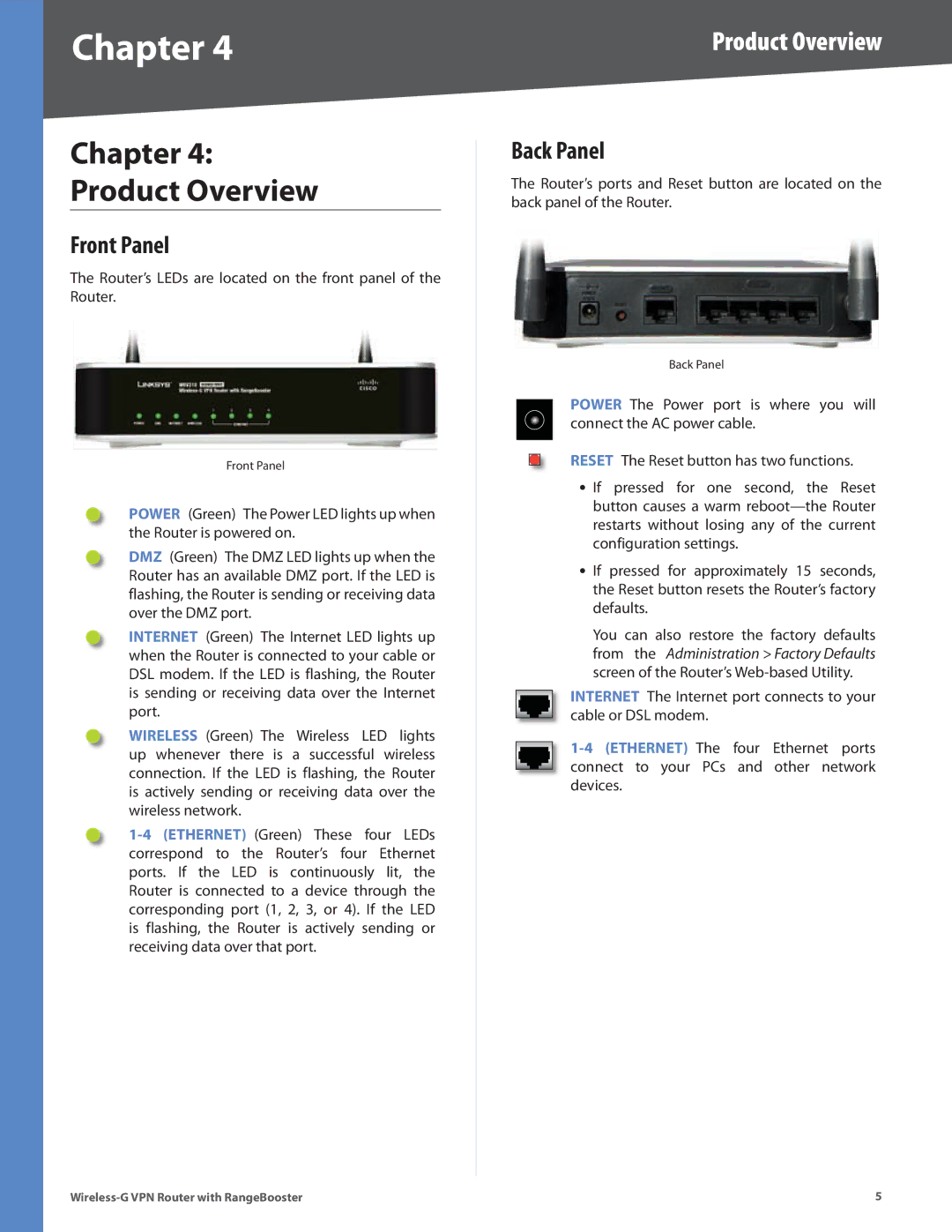 Linksys WRV200 manual Chapter Product Overview, Front Panel, Back Panel 