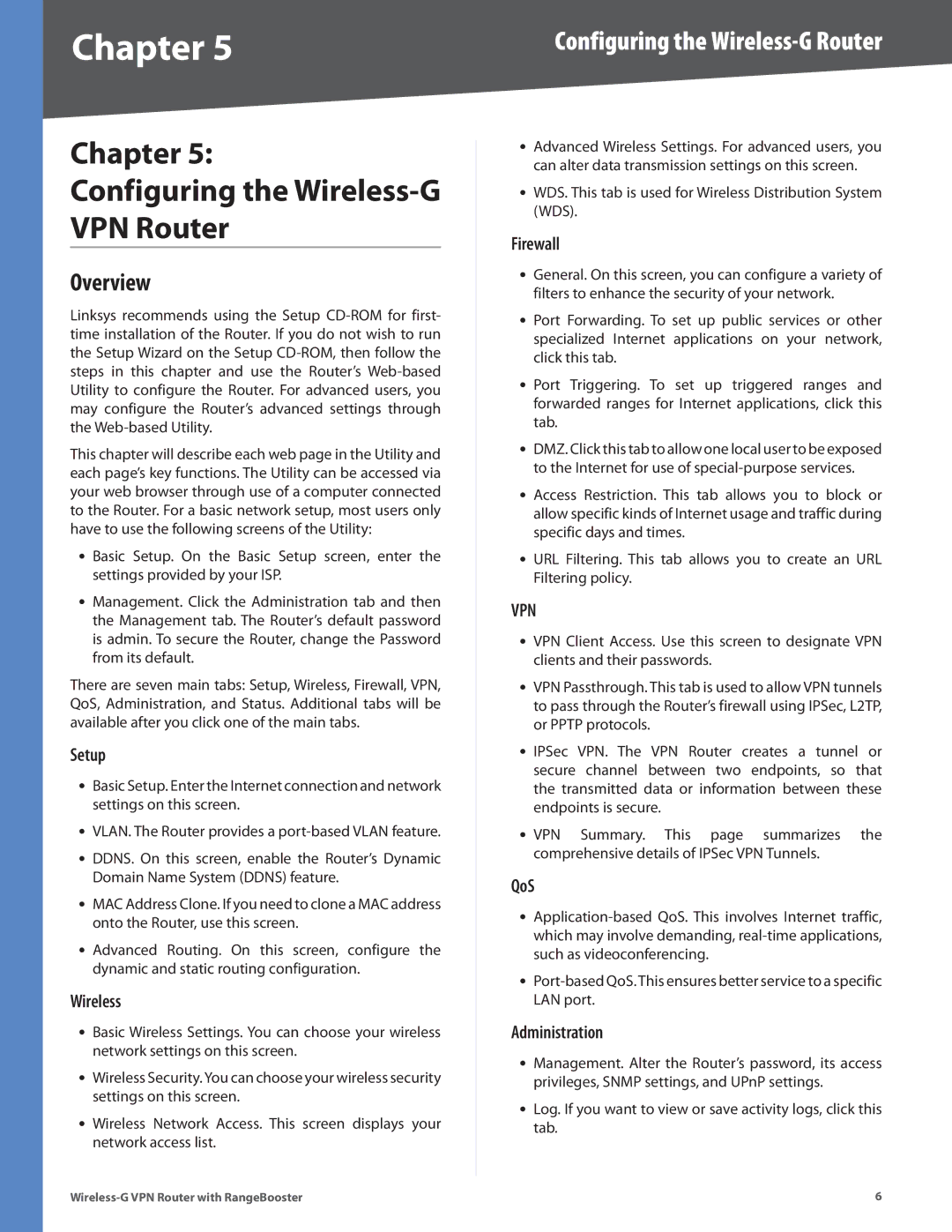 Linksys WRV200 manual Chapter Configuring the Wireless-G VPN Router, Overview 