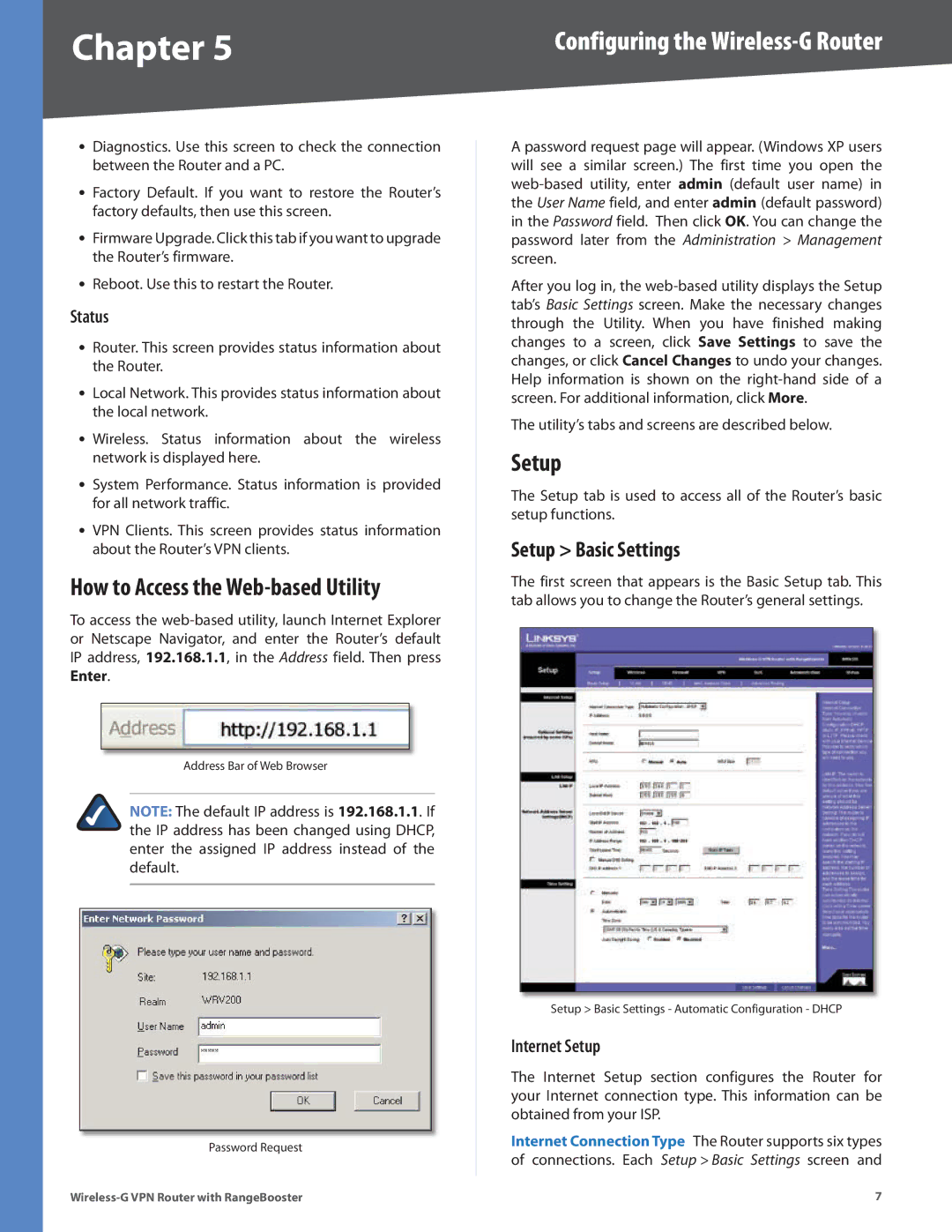 Linksys WRV200 manual How to Access the Web-based Utility, Setup Basic Settings, Status, Internet Setup 