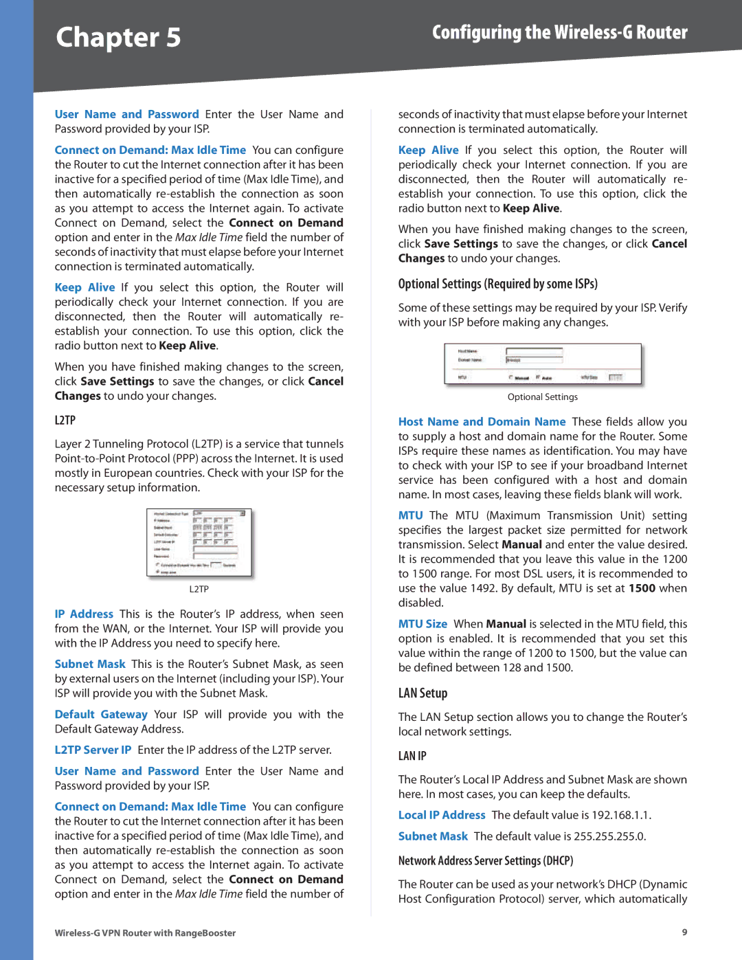 Linksys WRV200 manual Optional Settings Required by some ISPs, LAN Setup 