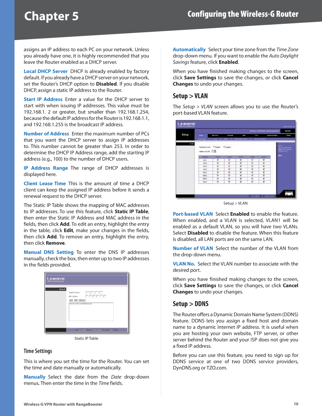 Linksys WRV200 manual Setup Vlan, Setup Ddns, Time Settings 