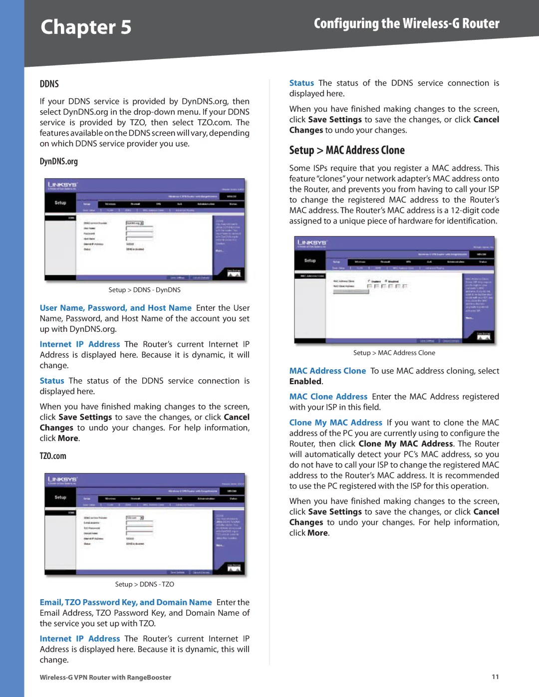 Linksys WRV200 manual Setup MAC Address Clone, Ddns 