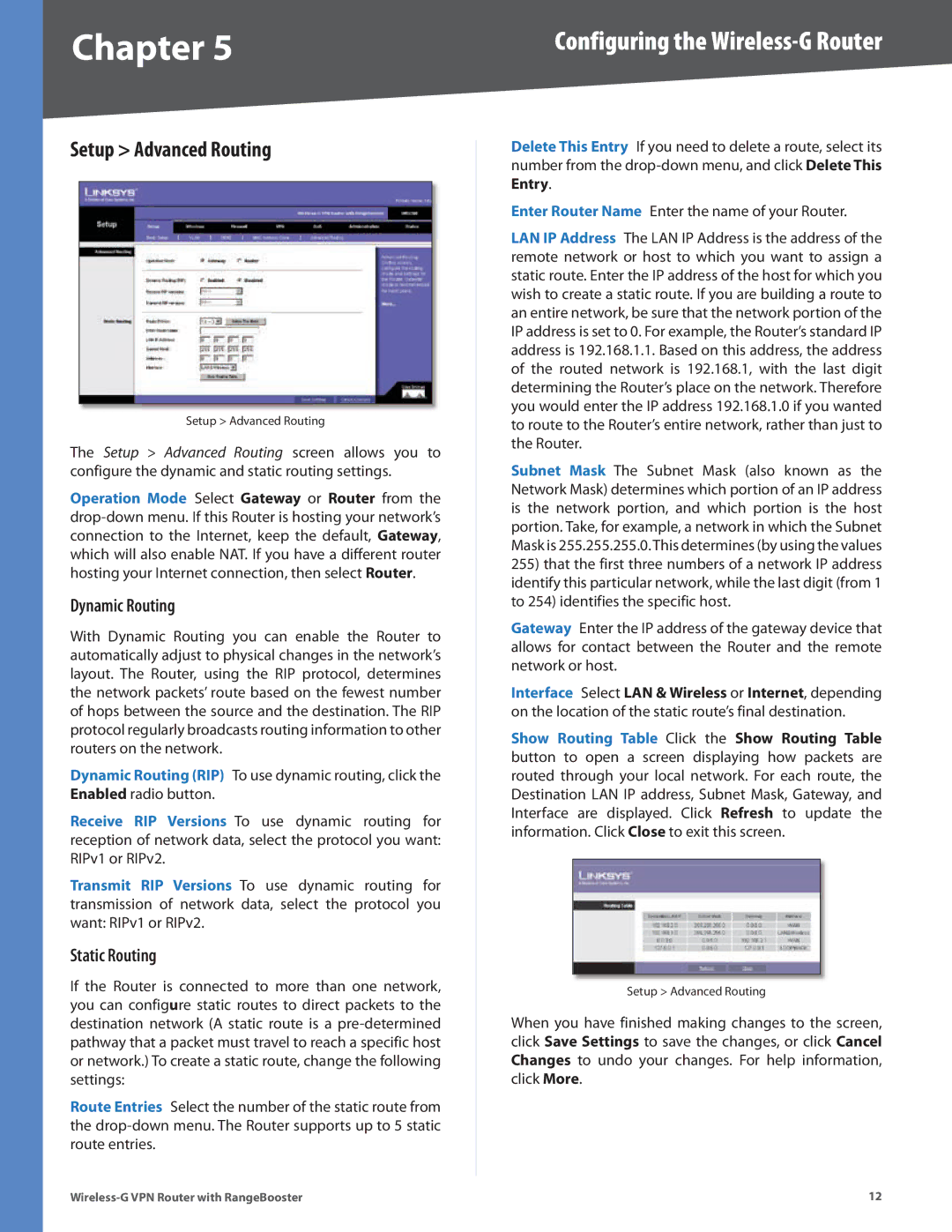 Linksys WRV200 manual Setup Advanced Routing, Dynamic Routing, Static Routing 