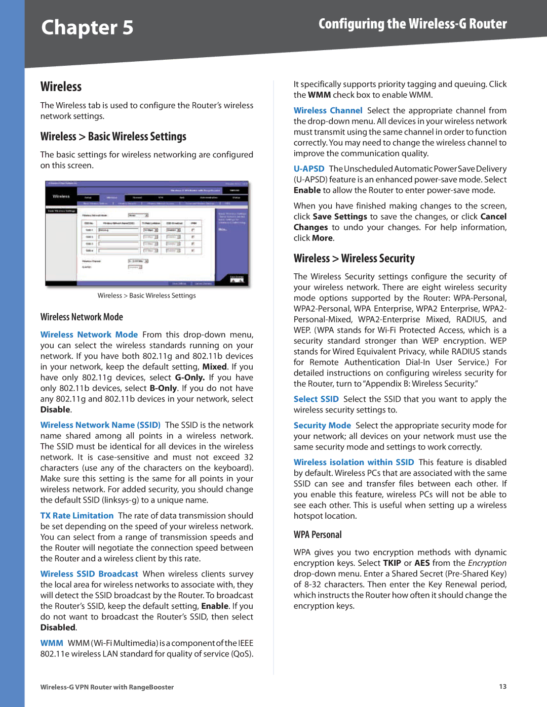 Linksys WRV200 manual Wireless Basic Wireless Settings, Wireless Wireless Security, Wireless Network Mode, WPA Personal 