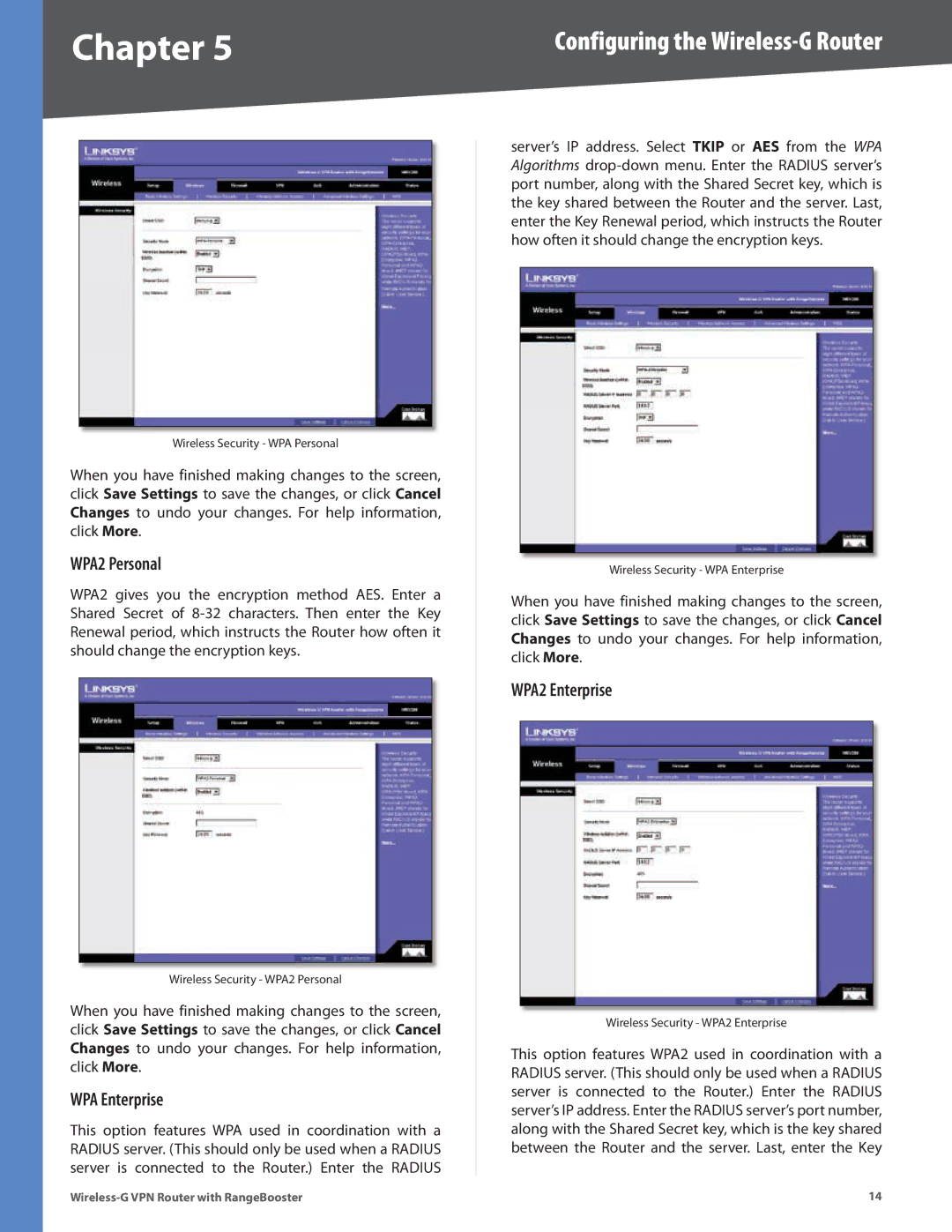 Linksys WRV200 manual WPA2 Personal, WPA Enterprise, WPA2 Enterprise 